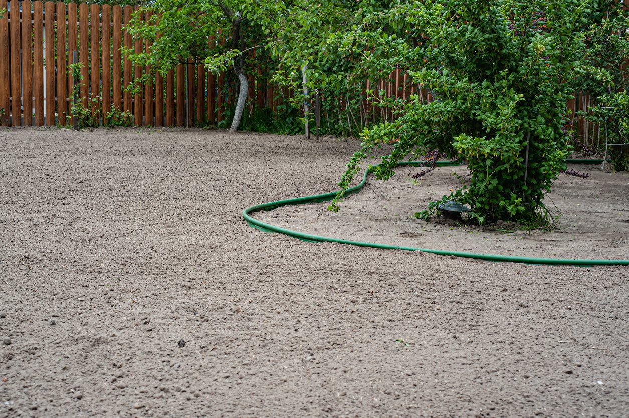 Prepared soil being watered before grass establishes